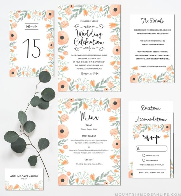 Floral Peach DIY Wedding Invitation Set